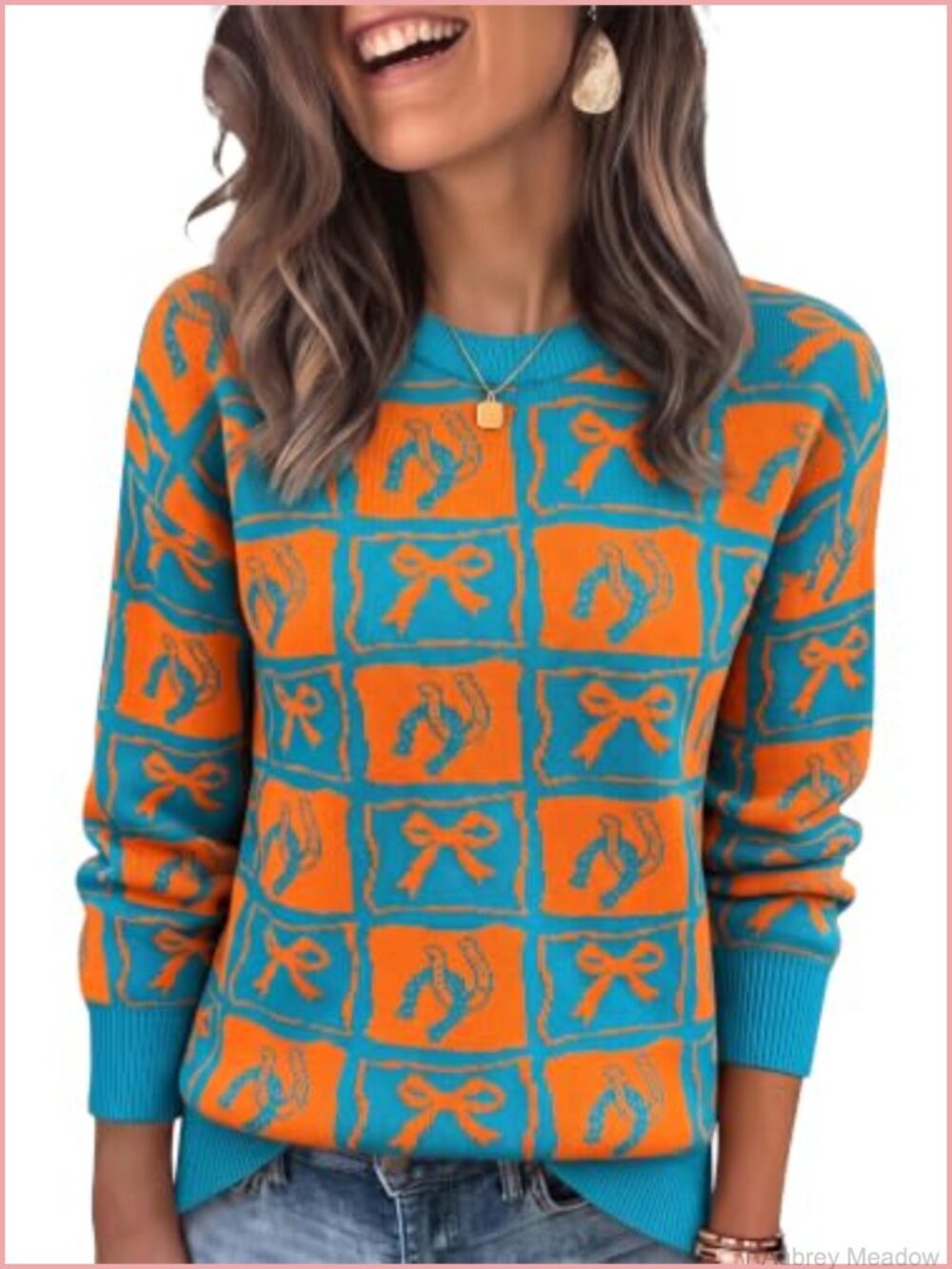 Womens Crewneck Long Sleeve Knit Pullover Sweater Western Bow Graphic